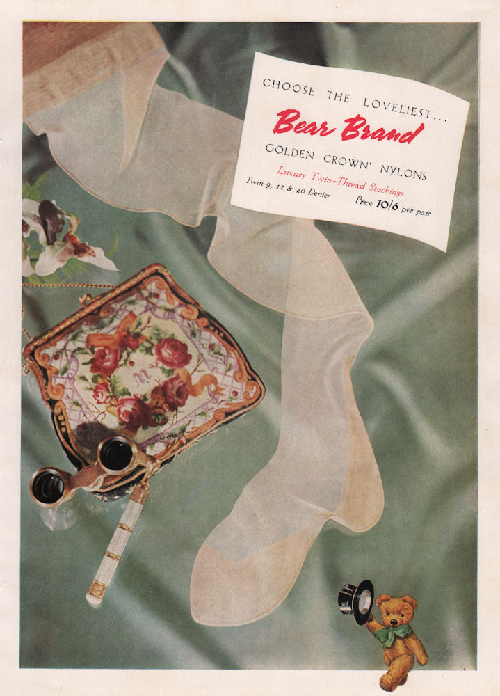 Choose the loveliest… Bear Brand Golden Crown Nylons. Fashion advert 1955